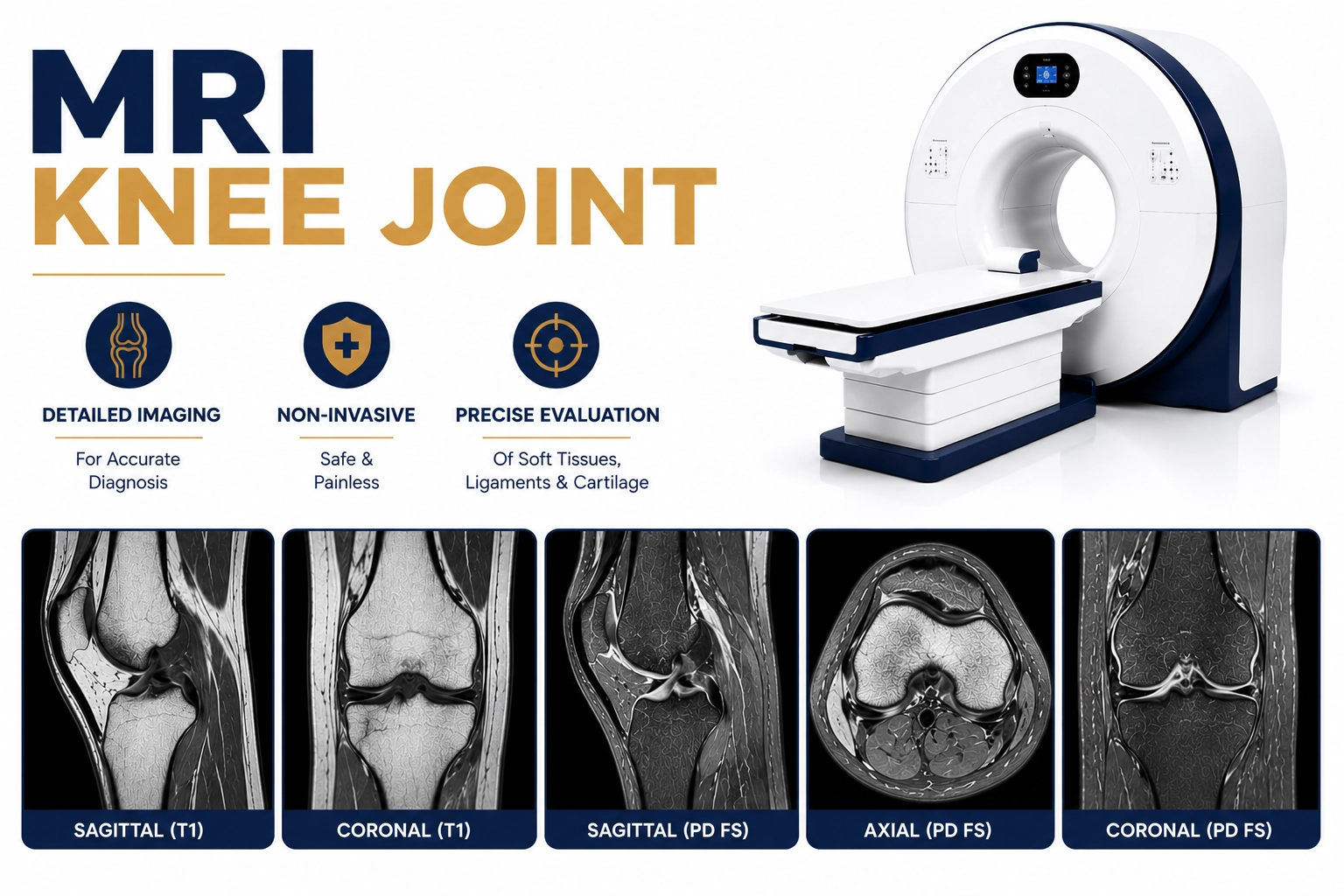 MRI Knee Joint scan for evaluation of knee pain, ligament injuries, cartilage damage, and joint disorders at Focus Diagnostics