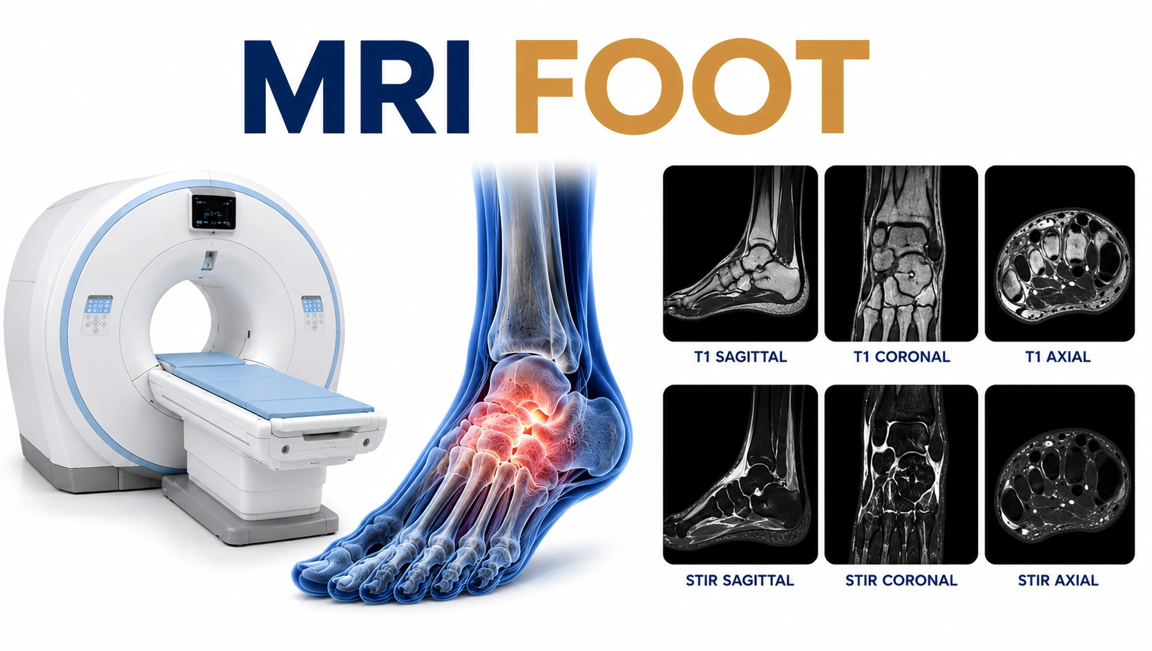 MRI Foot scan at Focus Diagnostics showing detailed imaging of foot bones, ligaments, tendons, joints, muscles, and soft tissue structures