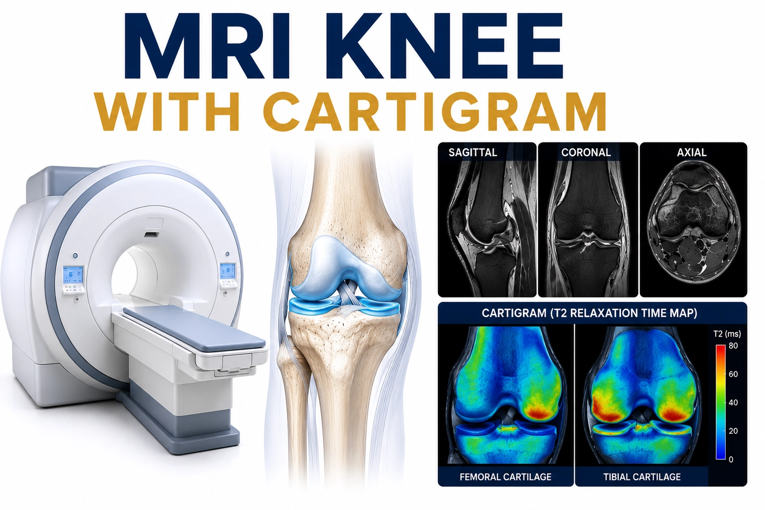 MRI Knee with Cartigram scan for advanced evaluation of knee cartilage, meniscal injuries, ligament damage, and joint abnormalities at Focus Diagnostics