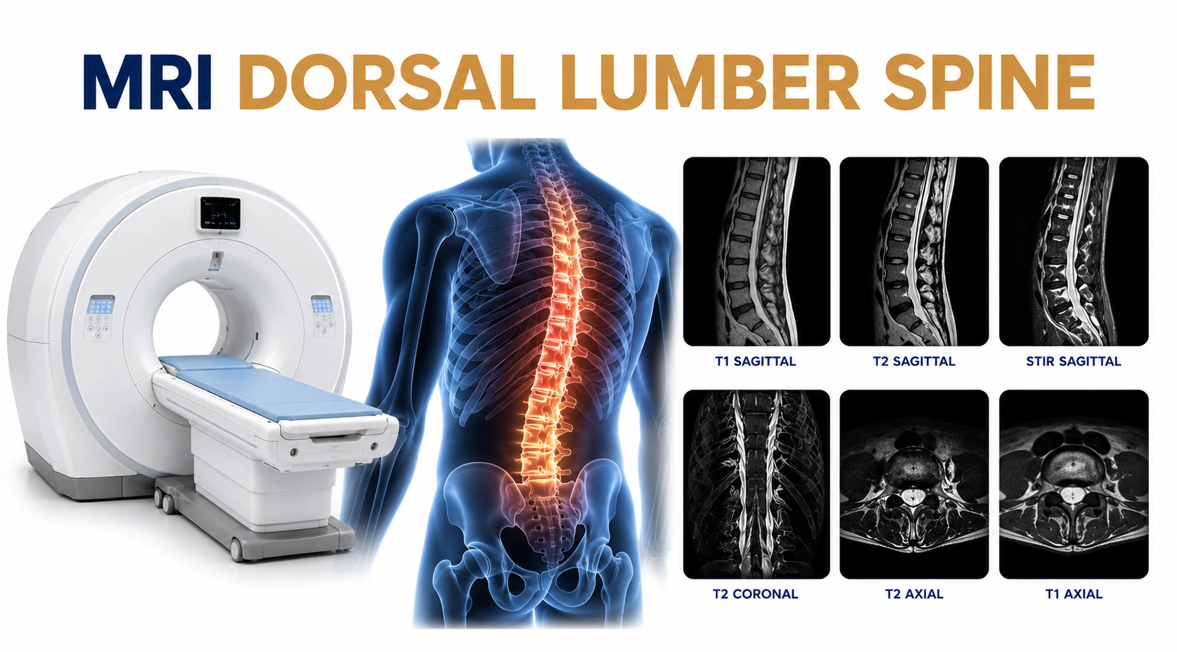 MRI Dorsal and Lumbar Spine scan at Focus Diagnostics showing detailed imaging of thoracic vertebrae, lumbar vertebrae, spinal discs, spinal cord, and nerve roots