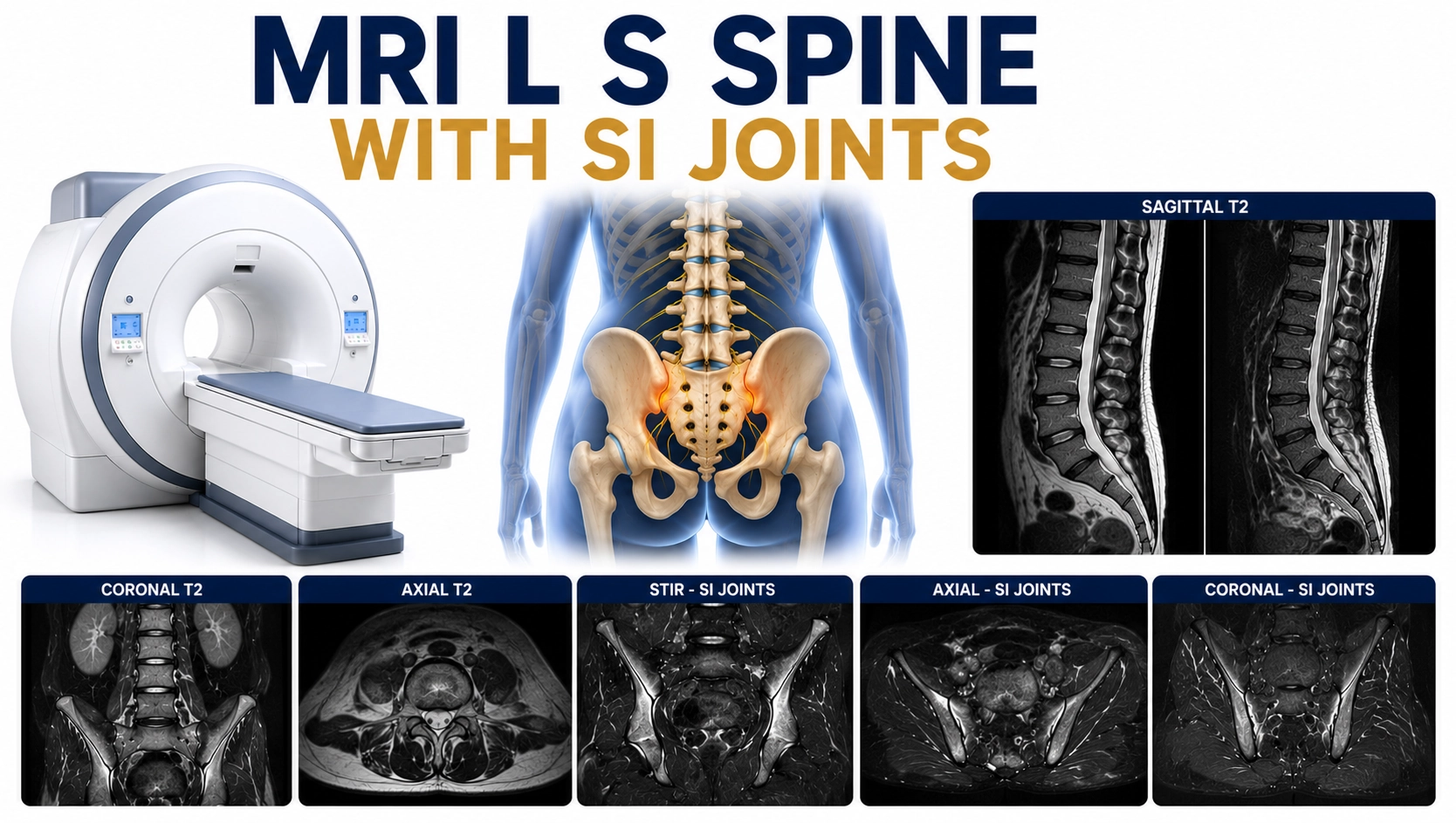 MRI Lumbosacral Spine with SI Joints scan for evaluation of lower back pain, sacroiliac joint disorders, and spinal abnormalities at Focus Diagnostics