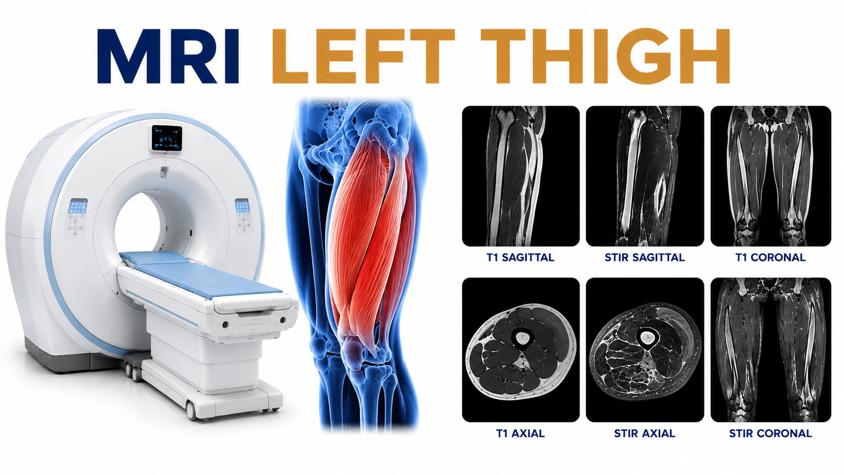 MRI Left Thigh scan for evaluation of muscle injuries, tendon disorders, soft tissue abnormalities, and bone conditions at Focus Diagnostics