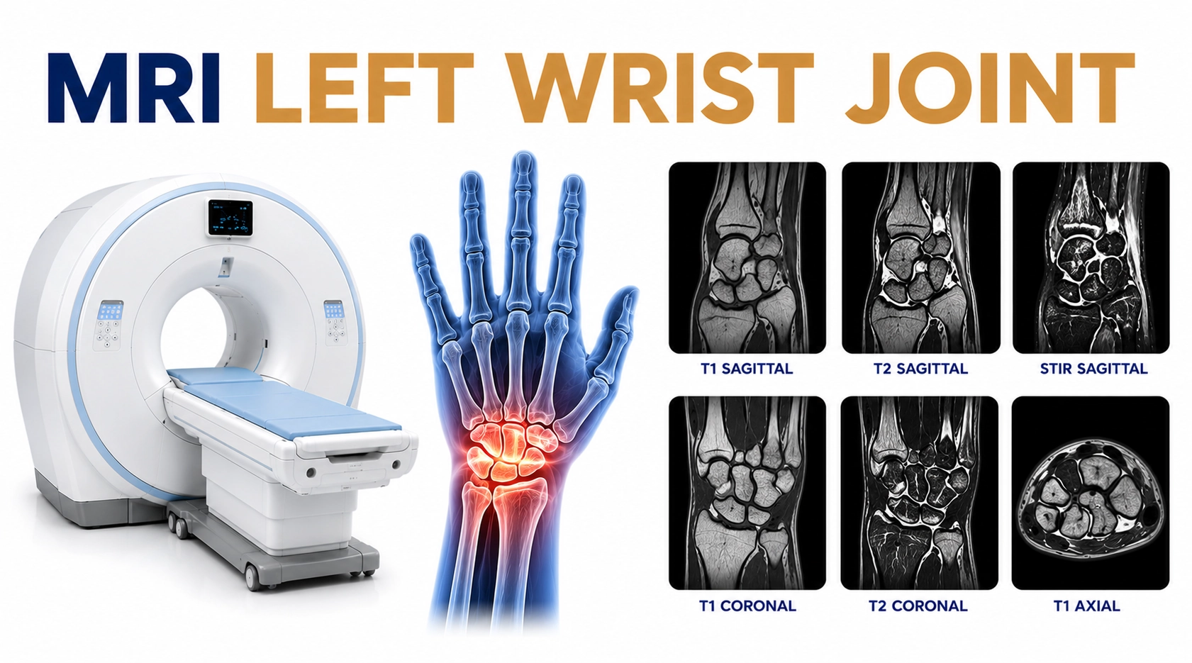 MRI Left Wrist Joint scan for evaluation of wrist pain, ligament injuries, tendon disorders, cartilage damage, and joint abnormalities at Focus Diagnostics