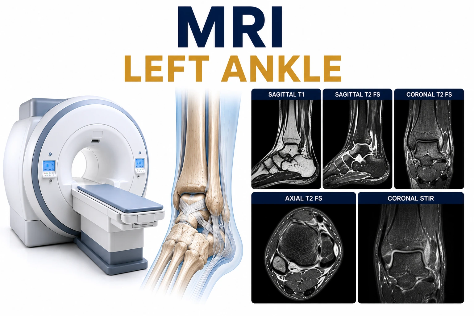MRI Left Ankle scan for evaluation of ankle pain, ligament injuries, tendon disorders, and joint abnormalities at Focus Diagnostics