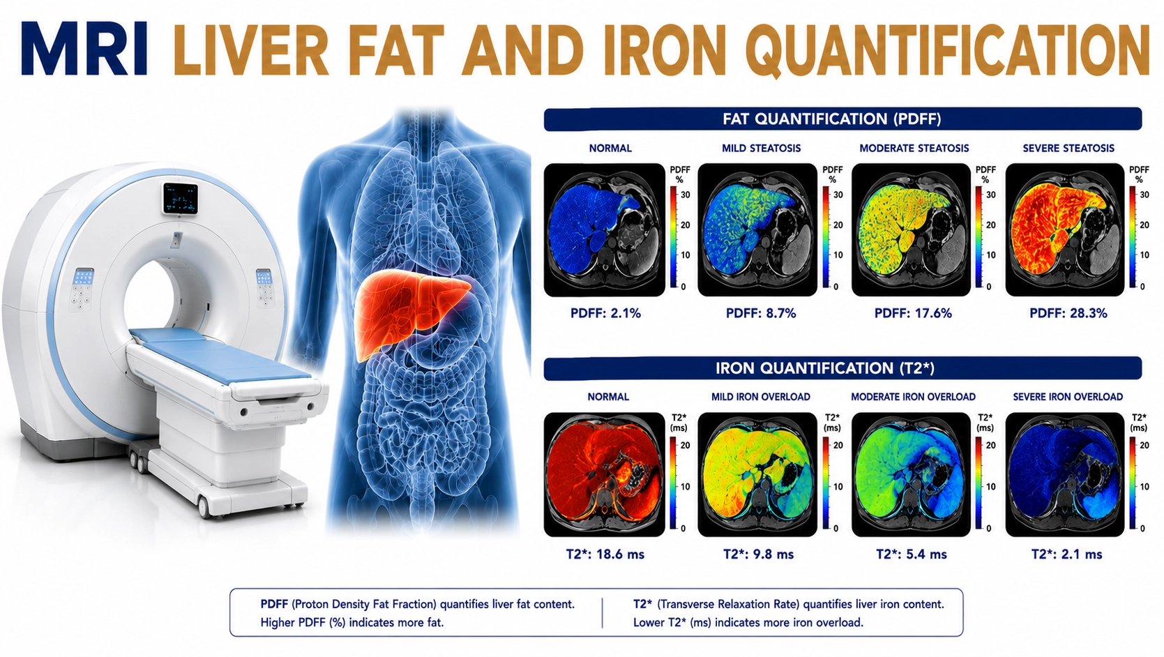 MRI Liver Fat and Iron Quantification scan for accurate assessment of liver fat content, iron overload, fatty liver disease, and liver health at Focus Diagnostics
