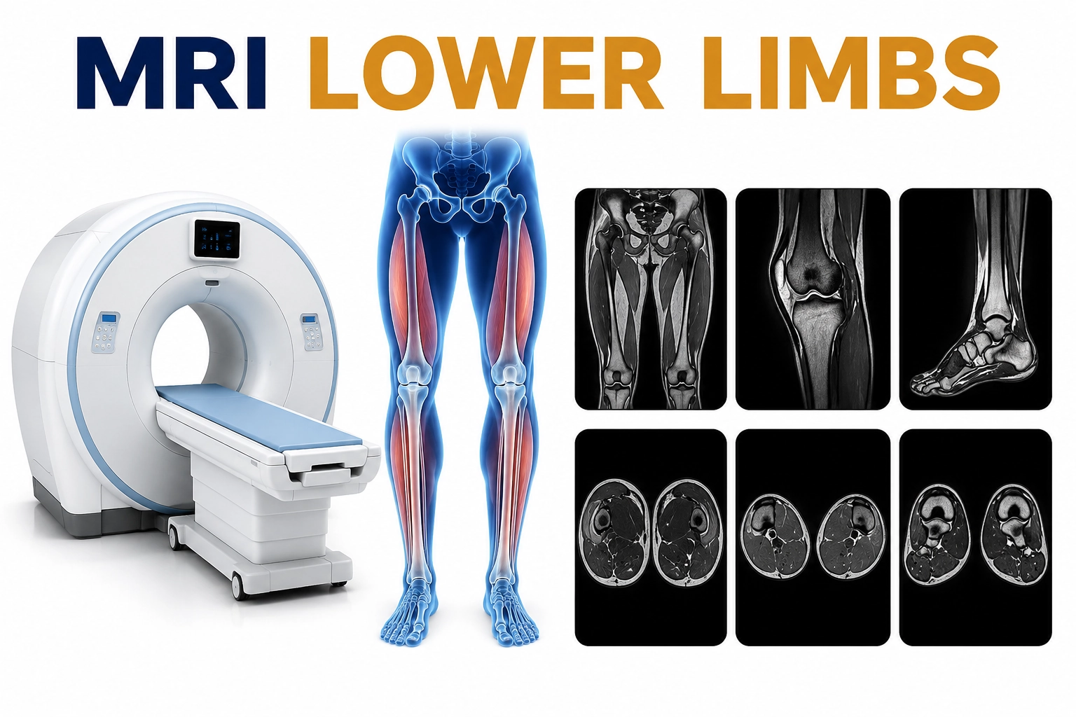 MRI Lower Limbs scan for evaluation of muscles, bones, joints, tendons, ligaments, nerves, and soft tissue abnormalities in the lower extremities at Focus Diagnostics
