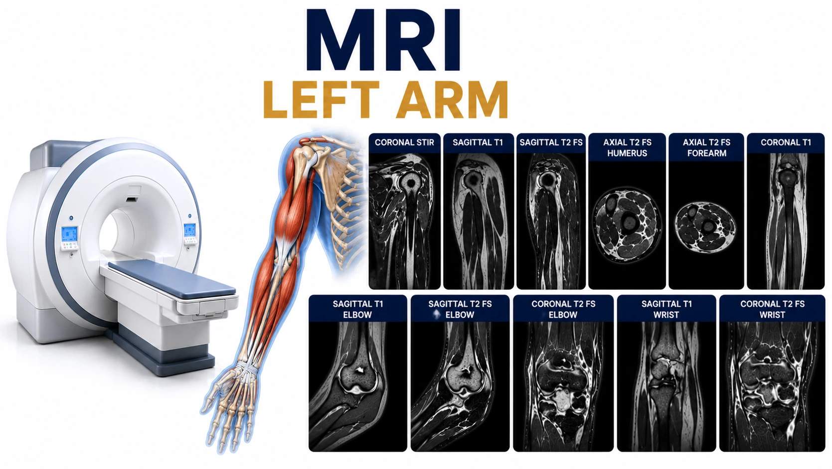 MRI Left Arm scan for evaluation of arm pain, muscle injuries, tendon disorders, nerve abnormalities, and soft tissue conditions at Focus Diagnostics