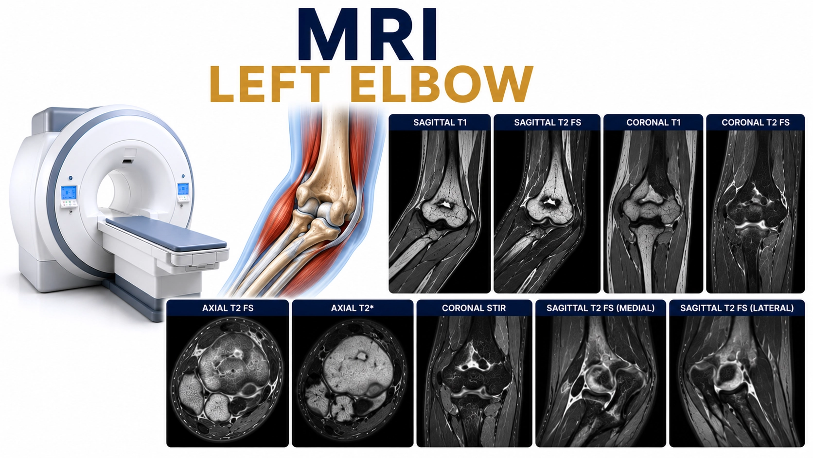 MRI Left Elbow scan for evaluation of elbow pain, ligament injuries, tendon disorders, and joint abnormalities at Focus Diagnostics