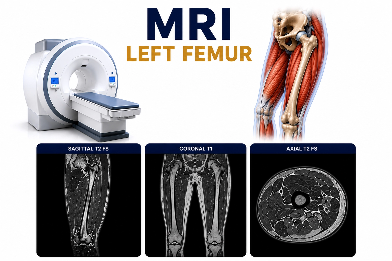 MRI Left Femur scan for evaluation of bone abnormalities, fractures, tumors, infections, and soft tissue disorders at Focus Diagnostics