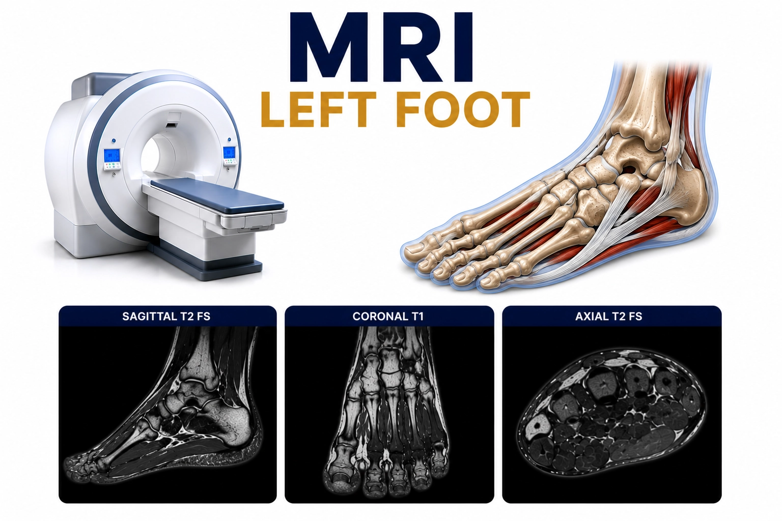 MRI Left Foot scan for evaluation of foot pain, ligament injuries, tendon disorders, fractures, and soft tissue abnormalities at Focus Diagnostics