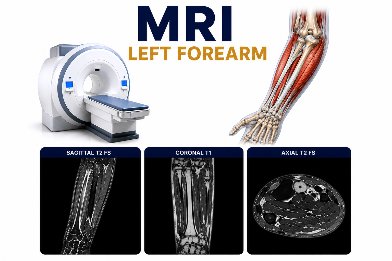 MRI Left Forearm scan for evaluation of muscle injuries, tendon disorders, nerve abnormalities, fractures, and soft tissue conditions at Focus Diagnostics