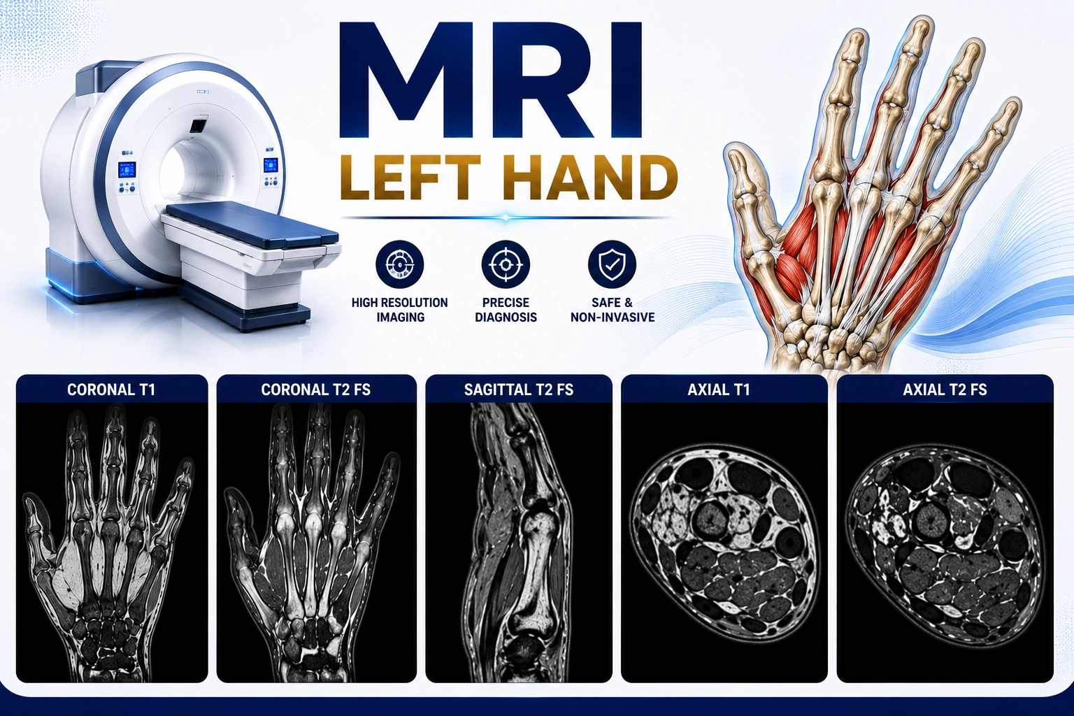 MRI Left Hand scan for evaluation of hand pain, tendon injuries, ligament tears, arthritis, and soft tissue abnormalities at Focus Diagnostics