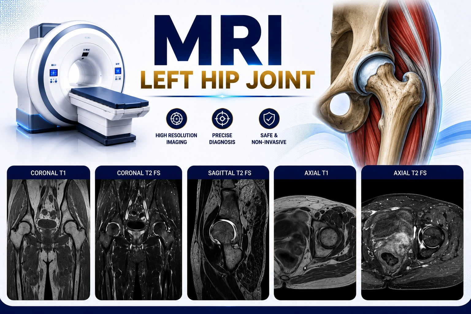MRI Left Hip Joint scan for evaluation of hip pain, cartilage damage, labral tears, arthritis, and soft tissue abnormalities at Focus Diagnostics