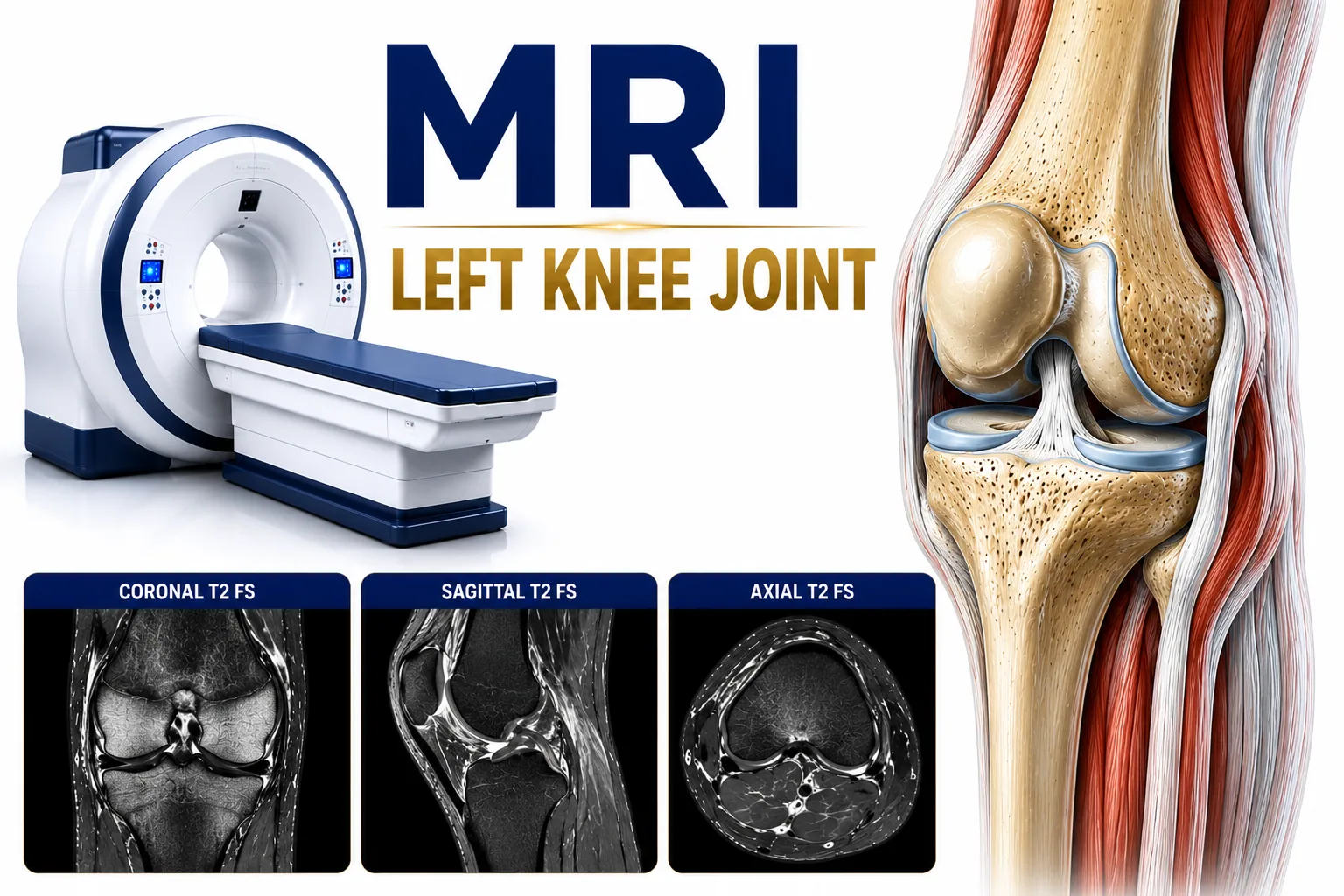 MRI Left Knee Joint scan for evaluation of knee pain, ligament injuries, meniscal tears, cartilage damage, and joint abnormalities at Focus Diagnostics