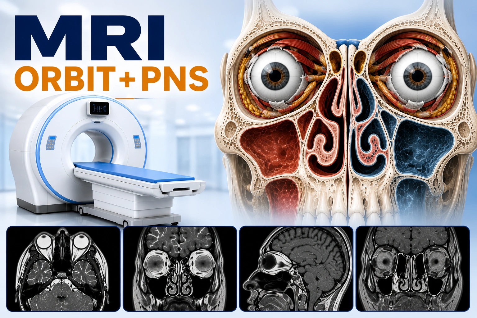MRI Orbit and PNS scan for evaluation of orbital structures, optic nerves, paranasal sinuses, sinus infections, tumors, inflammation, and vision-related disorders at Focus Diagnostics