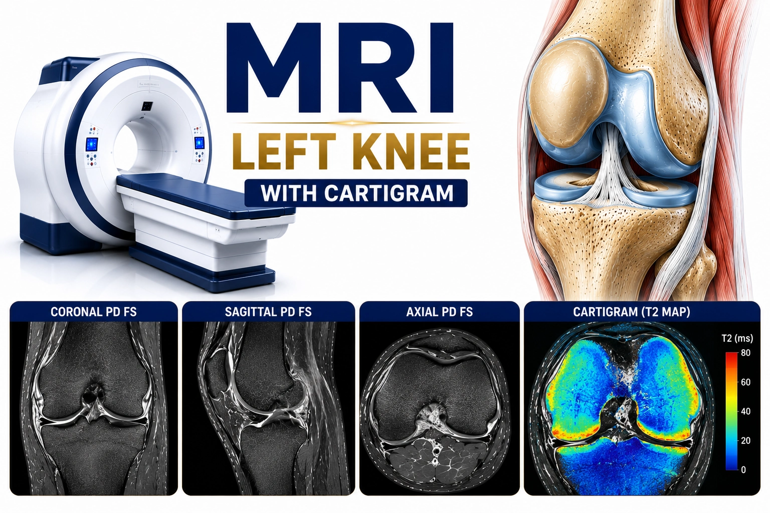 MRI Left Knee with Cartigram scan for advanced evaluation of cartilage damage, meniscal tears, ligament injuries, and knee joint abnormalities at Focus Diagnostics