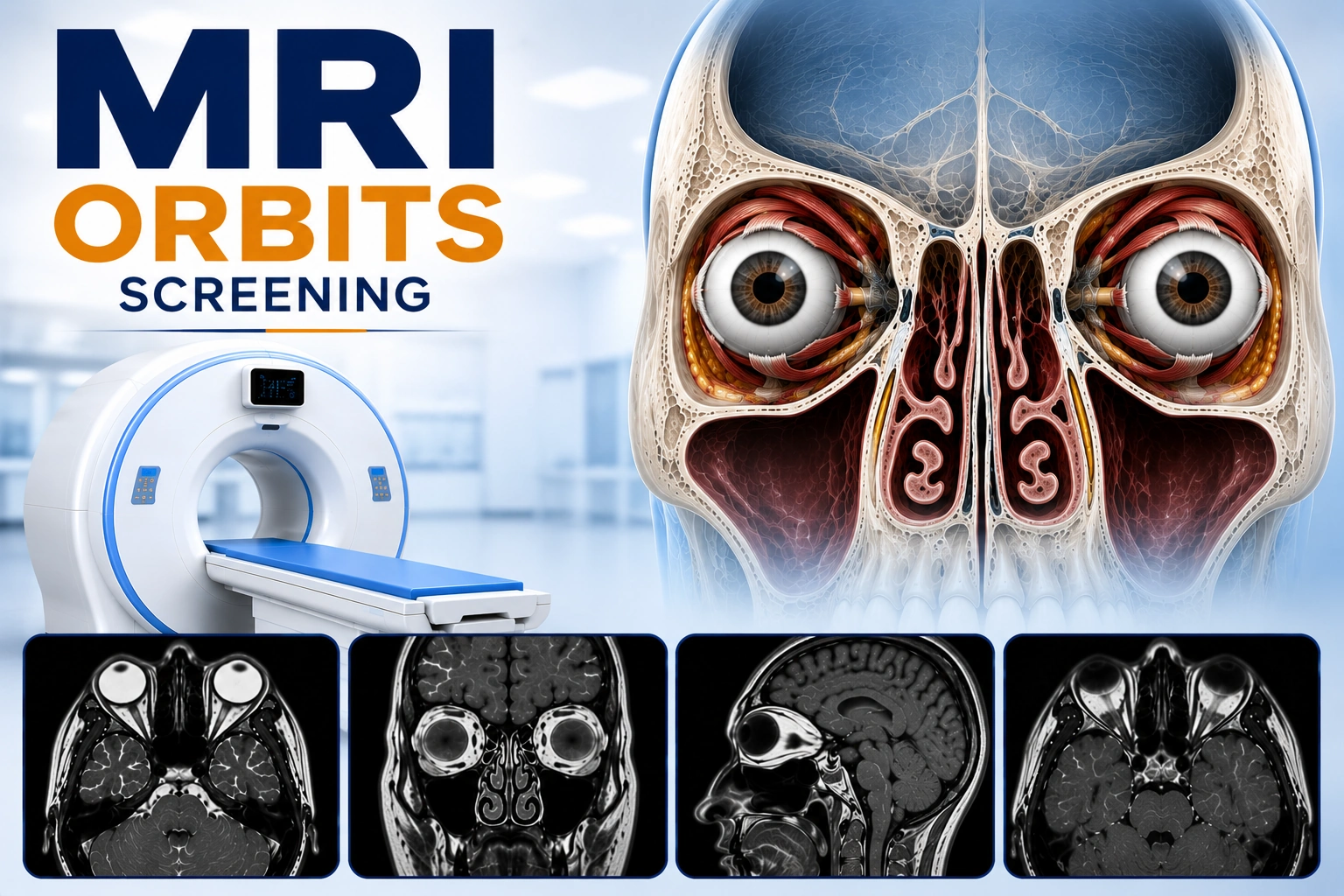MRI Orbits Screening scan for evaluation of eye sockets, optic nerves, orbital structures, vision abnormalities, and eye-related disorders at Focus Diagnostics
