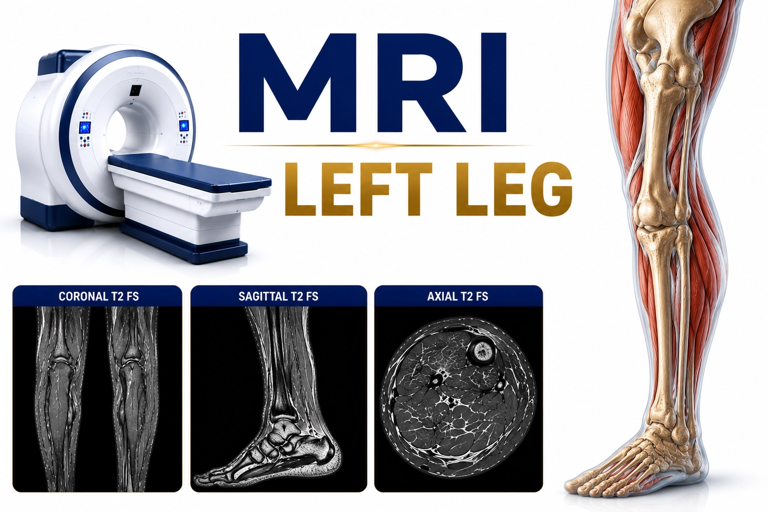 MRI Left Leg scan for evaluation of muscle injuries, bone abnormalities, nerve disorders, fractures, and soft tissue conditions at Focus Diagnostics