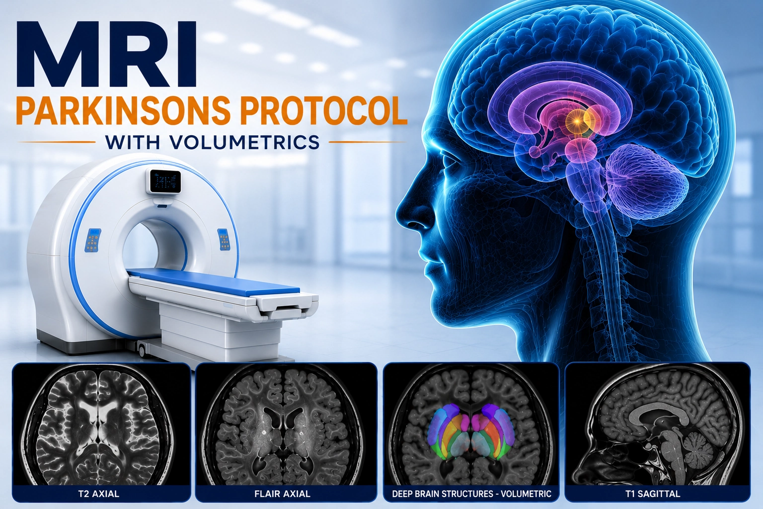 MRI Parkinsons Protocol with Volumetrics scan for evaluation of Parkinsonian disorders, brain volume analysis, neurodegenerative diseases, and movement disorders at Focus Diagnostics