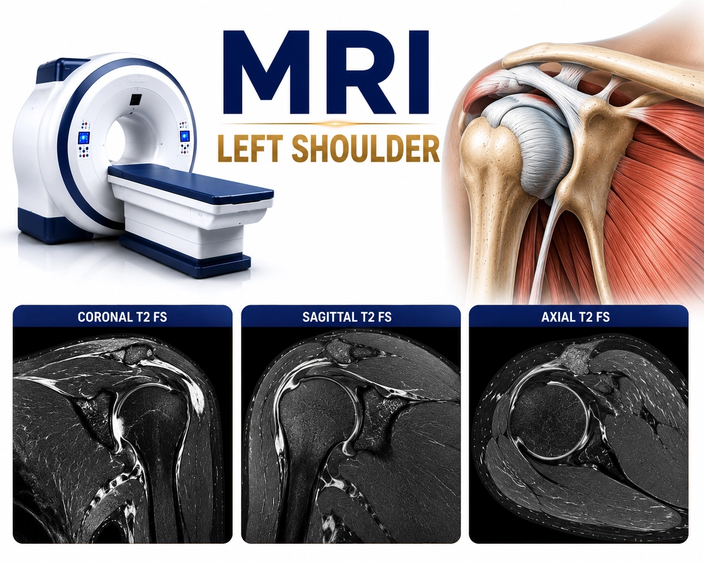 MRI Left Shoulder scan for evaluation of shoulder pain, rotator cuff injuries, tendon disorders, arthritis, and soft tissue abnormalities at Focus Diagnostics