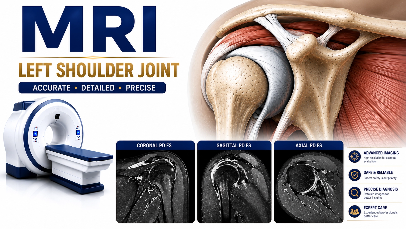 MRI Left Shoulder Joint scan for evaluation of shoulder pain, rotator cuff injuries, labral tears, arthritis, and joint abnormalities at Focus Diagnostics