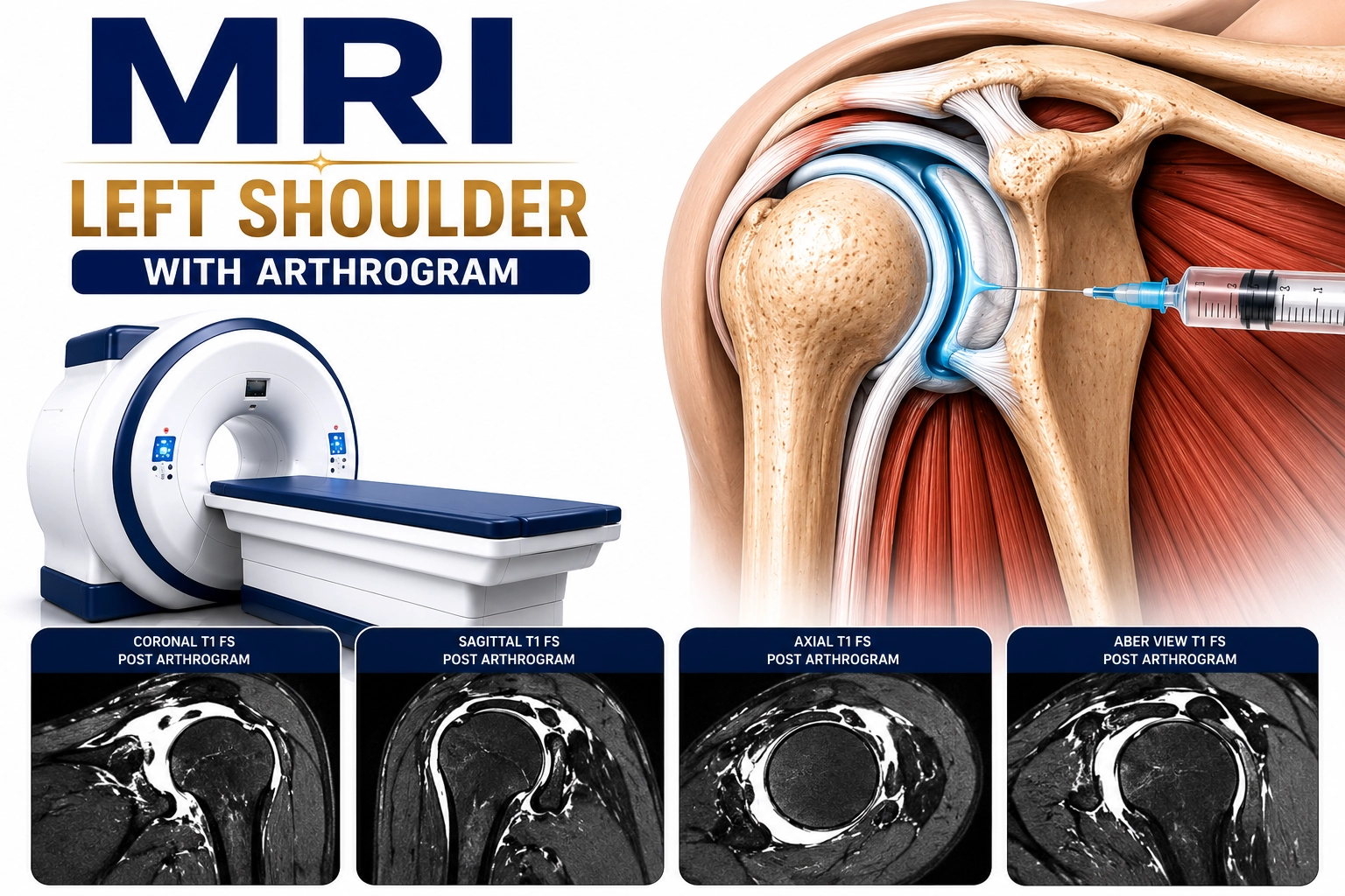MRI Left Shoulder with Arthrogram scan for evaluation of labral tears, rotator cuff injuries, cartilage damage, and shoulder joint abnormalities at Focus Diagnostics
