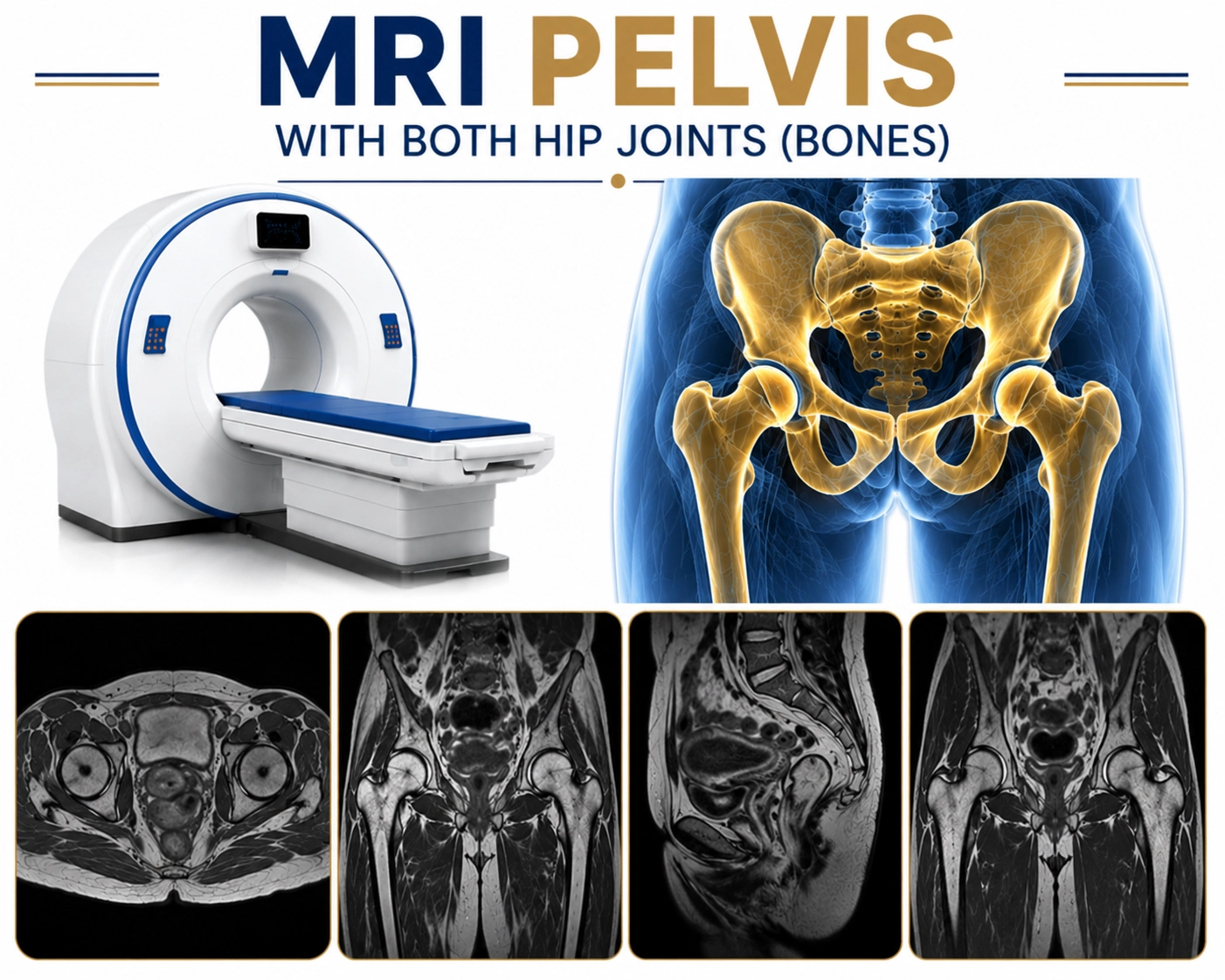 MRI Pelvis with Both Hip Joints Bones scan for evaluation of pelvic bones, hip joints, fractures, avascular necrosis, arthritis, bone tumors, and musculoskeletal disorders at Focus Diagnostics