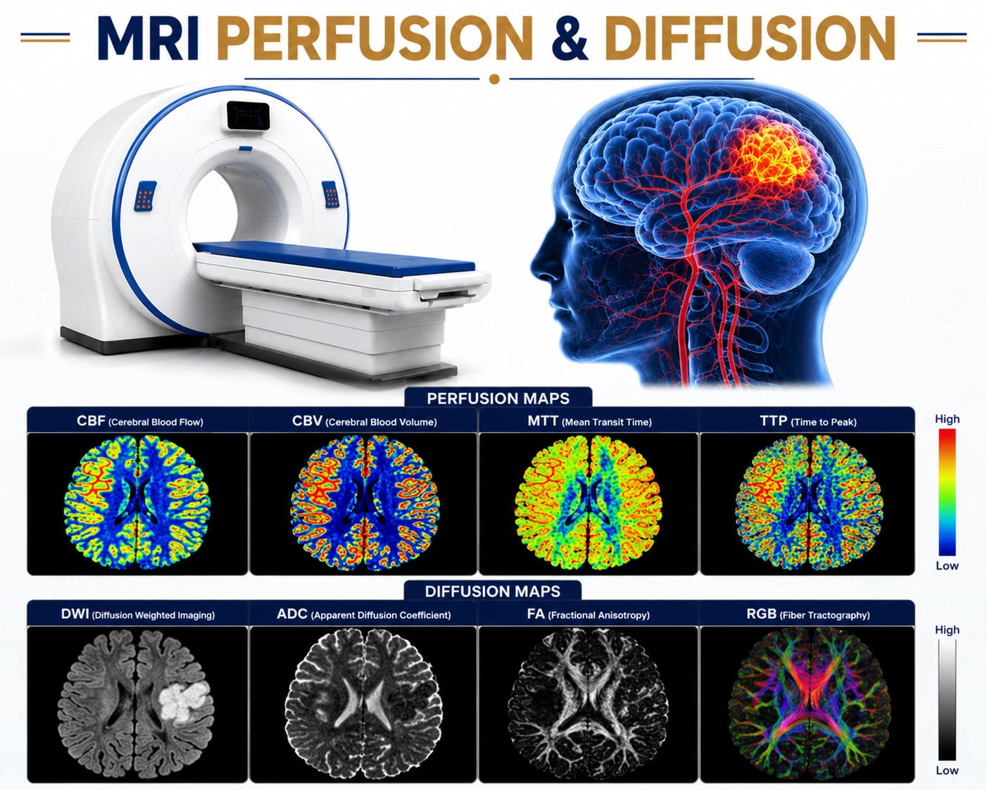 MRI Perfusion and Diffusion scan for evaluation of brain stroke, tumors, blood flow abnormalities, ischemia, neurological disorders, and brain tissue assessment at Focus Diagnostics