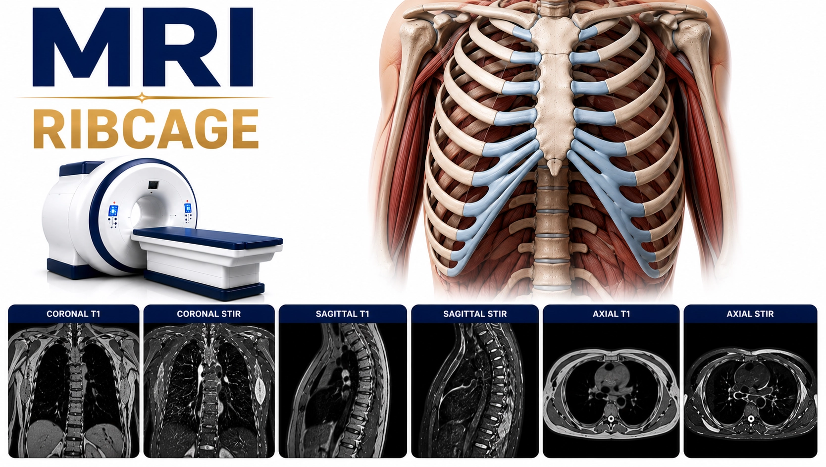 MRI Ribcage scan for evaluation of rib fractures, chest wall abnormalities, rib tumors, soft tissue lesions, inflammation, and ribcage disorders at Focus Diagnostics