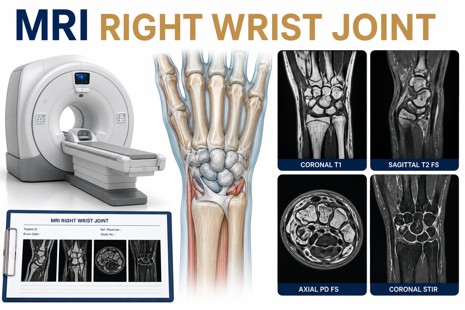 MRI Right Wrist Joint scan for evaluation of wrist pain, ligament injuries, tendon disorders, fractures, arthritis, and soft tissue abnormalities at Focus Diagnostics
