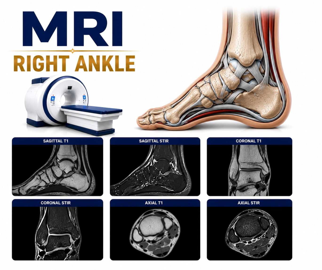 MRI Right Ankle scan for evaluation of ankle ligaments, tendons, cartilage, fractures, sports injuries, and ankle joint disorders at Focus Diagnostics