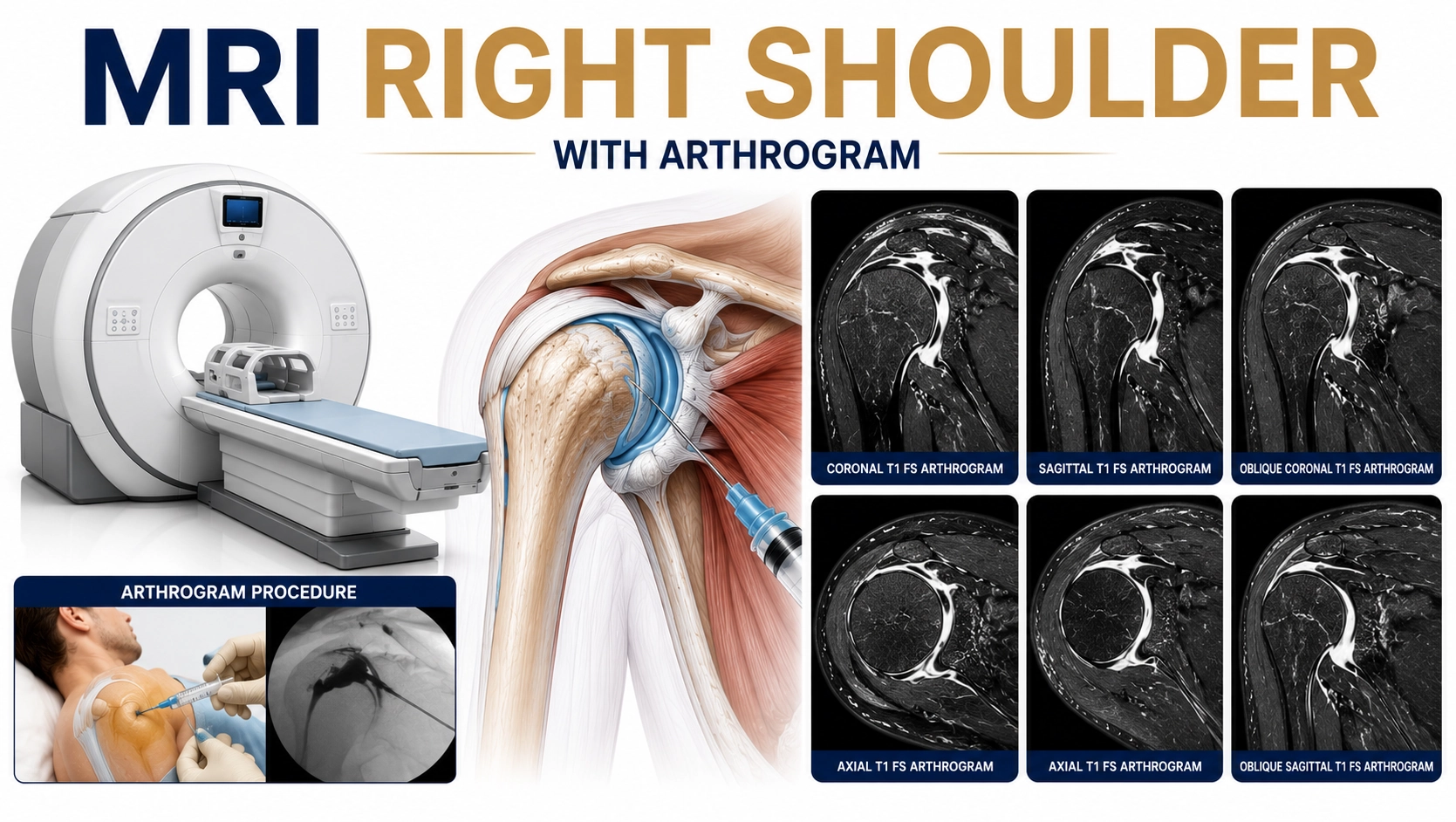 MRI Right Shoulder with Arthrogram for evaluation of labral tears, rotator cuff injuries, shoulder instability, cartilage damage, and joint abnormalities at Focus Diagnostics
