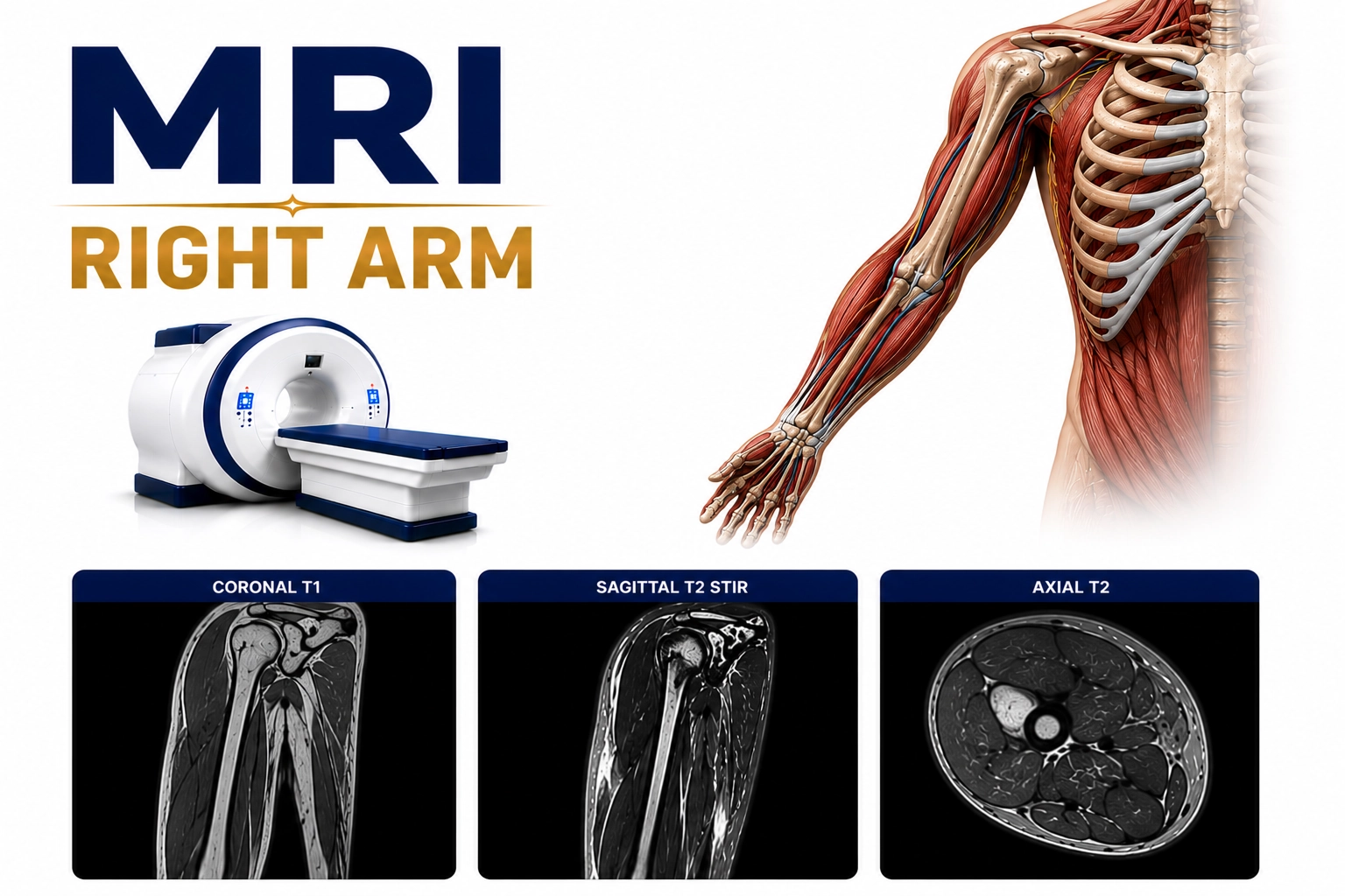 MRI Right Arm scan for evaluation of muscles, tendons, ligaments, nerves, fractures, soft tissue injuries, and arm disorders at Focus Diagnostics