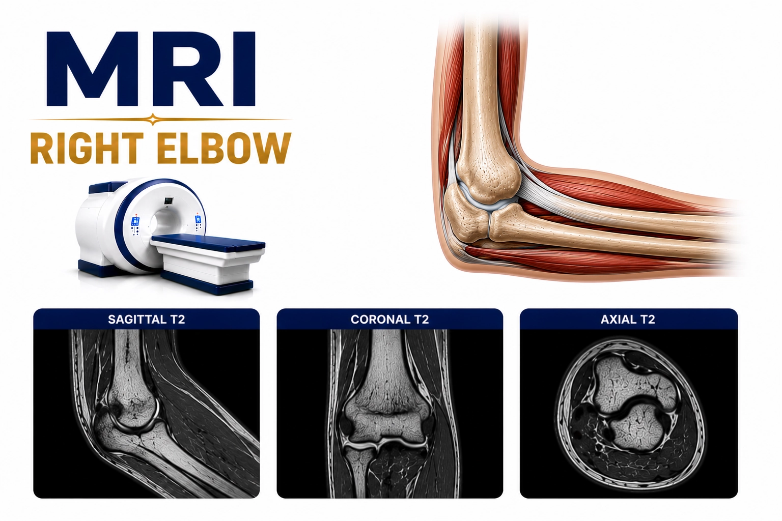 MRI Right Elbow scan for evaluation of ligament injuries, tendon tears, elbow pain, sports injuries, arthritis, and joint disorders at Focus Diagnostics