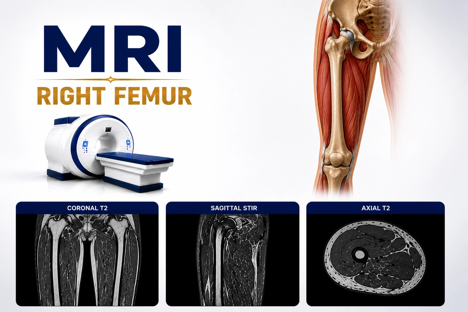 MRI Right Femur scan for evaluation of femur fractures, bone tumors, bone marrow abnormalities, infections, soft tissue injuries, and thigh disorders at Focus Diagnostics