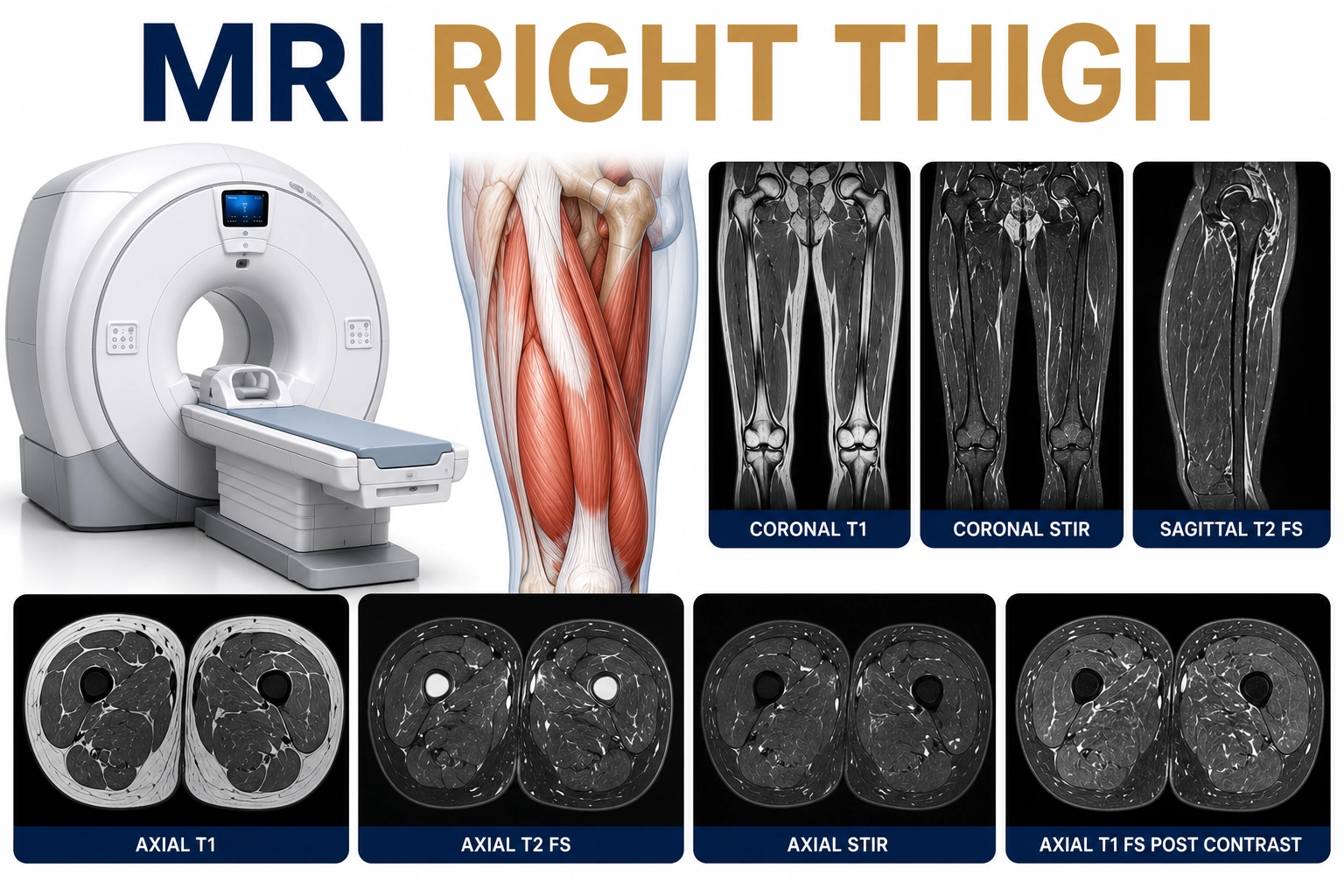 MRI Right Thigh scan for evaluation of muscle injuries, tendon disorders, soft tissue masses, fractures, and thigh pain at Focus Diagnostics