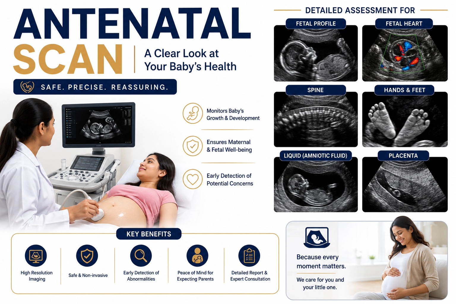 Antenatal Scan ultrasound for monitoring fetal growth, pregnancy health, baby development, and maternal well-being at Focus Diagnostics
