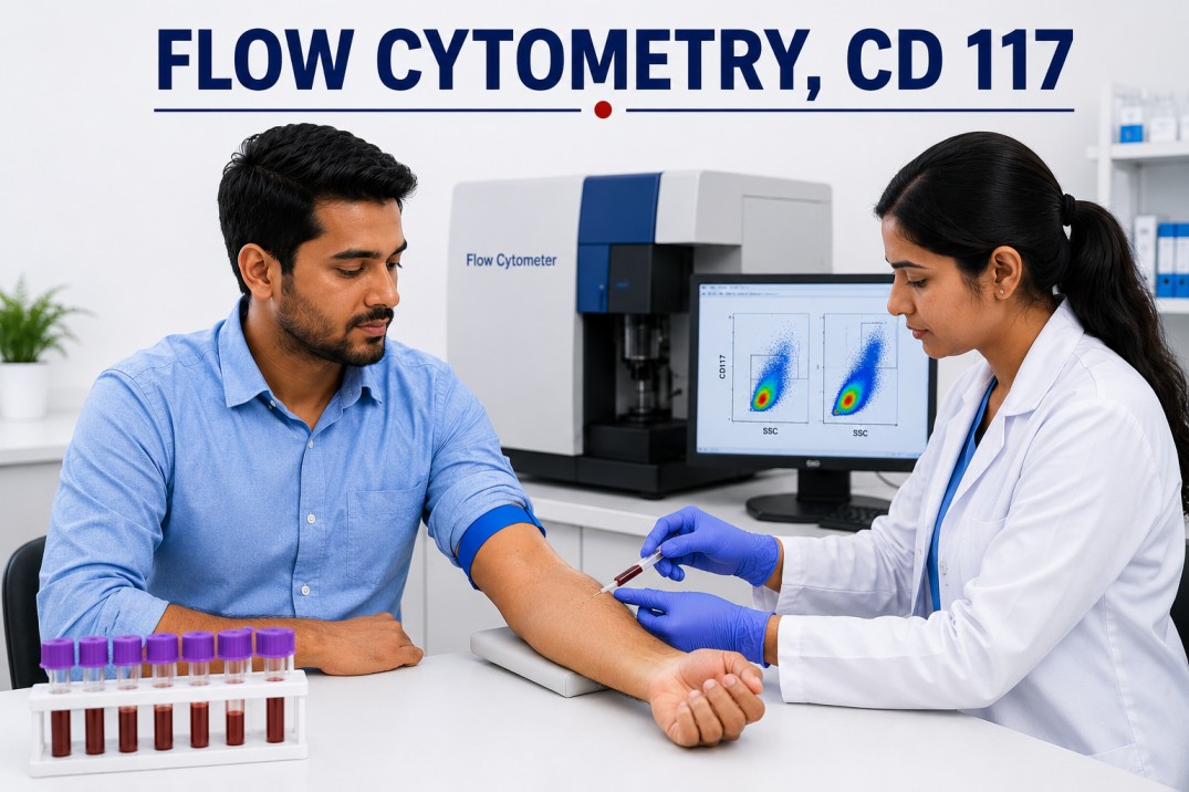 Flow Cytometry CD117 test showing KIT receptor marker analysis for leukemia diagnosis, bone marrow disorders, and hematological malignancy evaluation