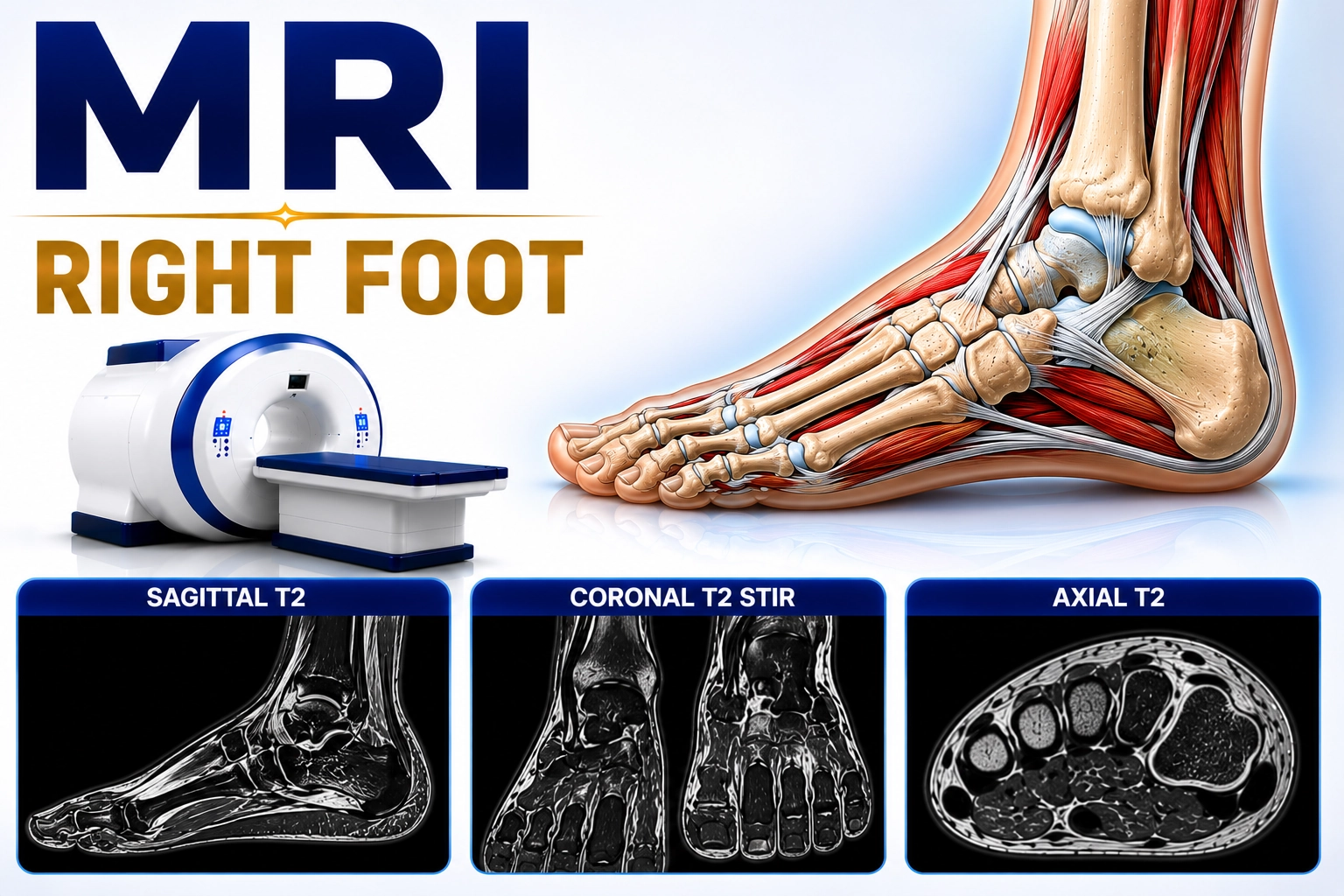 MRI Right Foot scan for evaluation of foot pain, ligament injuries, tendon disorders, fractures, arthritis, and soft tissue abnormalities at Focus Diagnostics