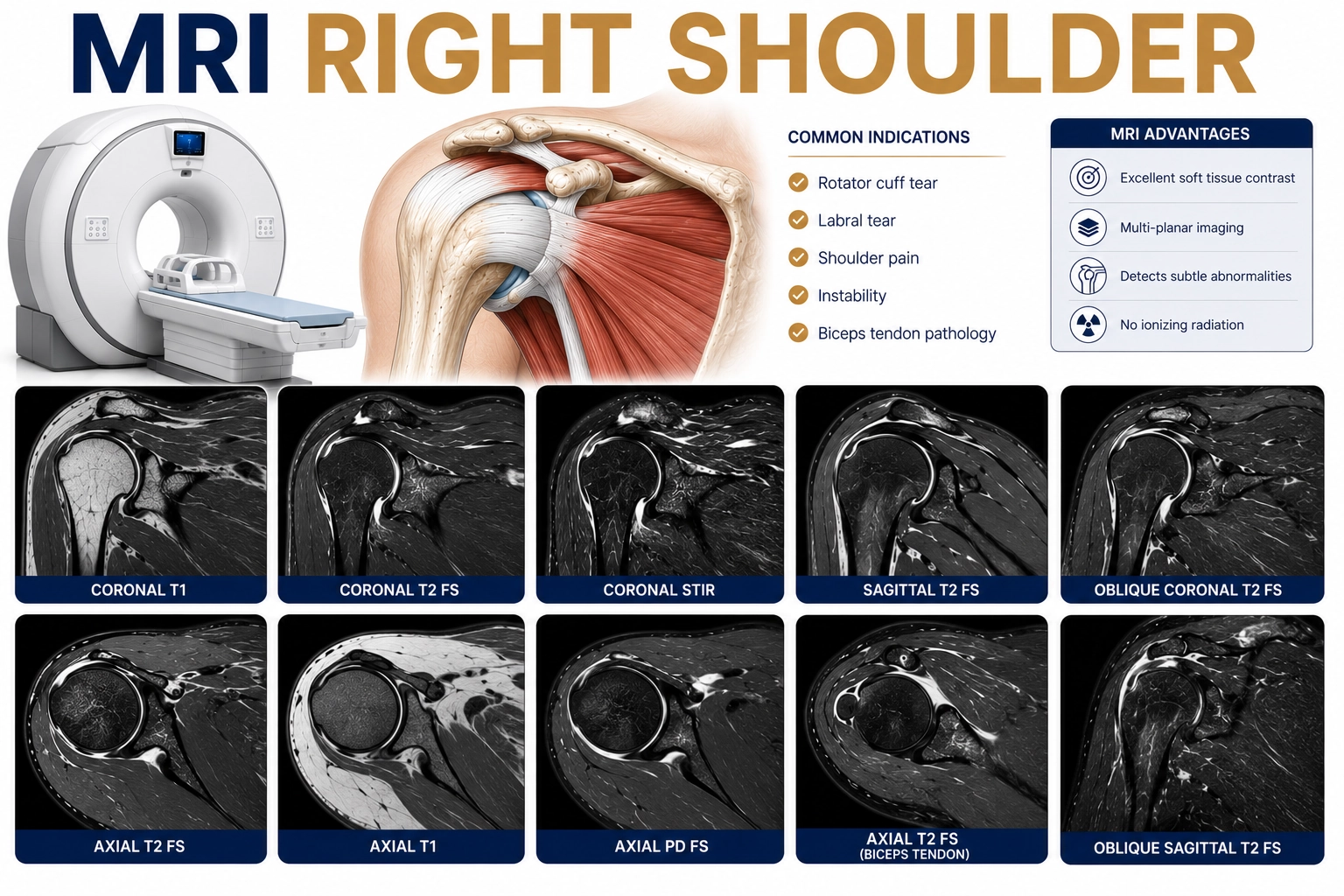 MRI Right Shoulder scan for evaluation of rotator cuff injuries, labral tears, shoulder pain, instability, arthritis, and soft tissue abnormalities at Focus Diagnostics