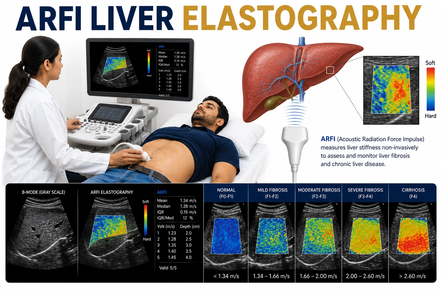 ARFI Liver Elastography scan for assessment of liver stiffness, fibrosis, cirrhosis, fatty liver disease, and chronic liver disorders at Focus Diagnostics