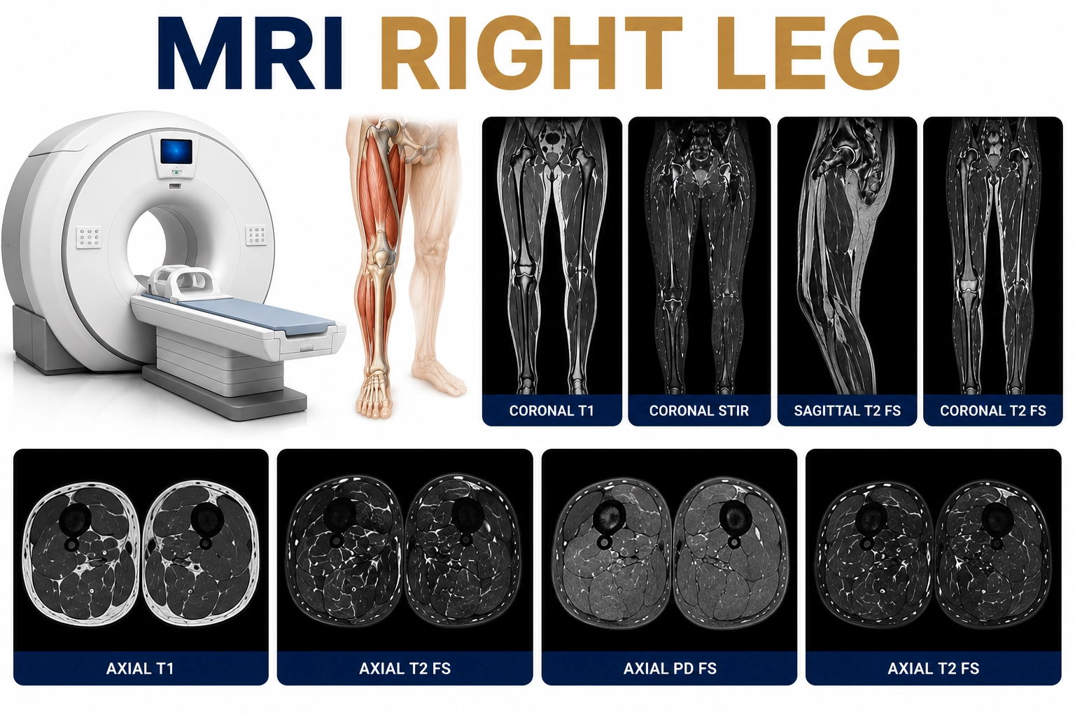 MRI Right Leg scan for evaluation of muscle injuries, tendon disorders, fractures, nerve abnormalities, and soft tissue conditions at Focus Diagnostics