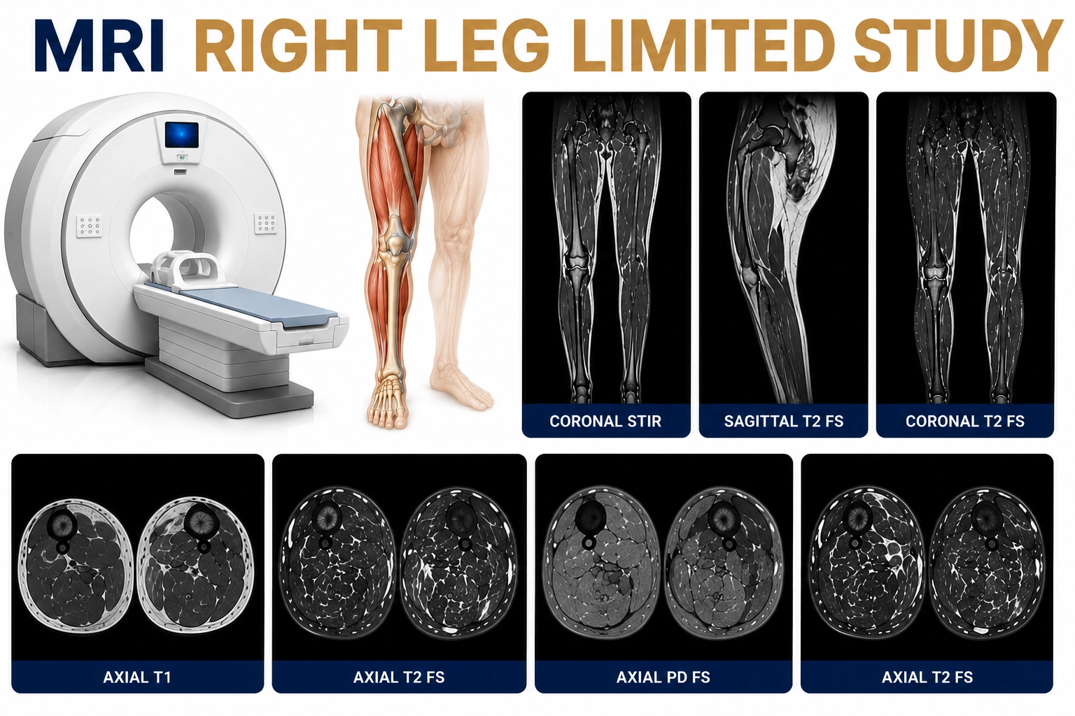 MRI Right Leg Limited Study scan for focused evaluation of muscle injuries, tendon disorders, fractures, soft tissue abnormalities, and leg pain at Focus Diagnostics
