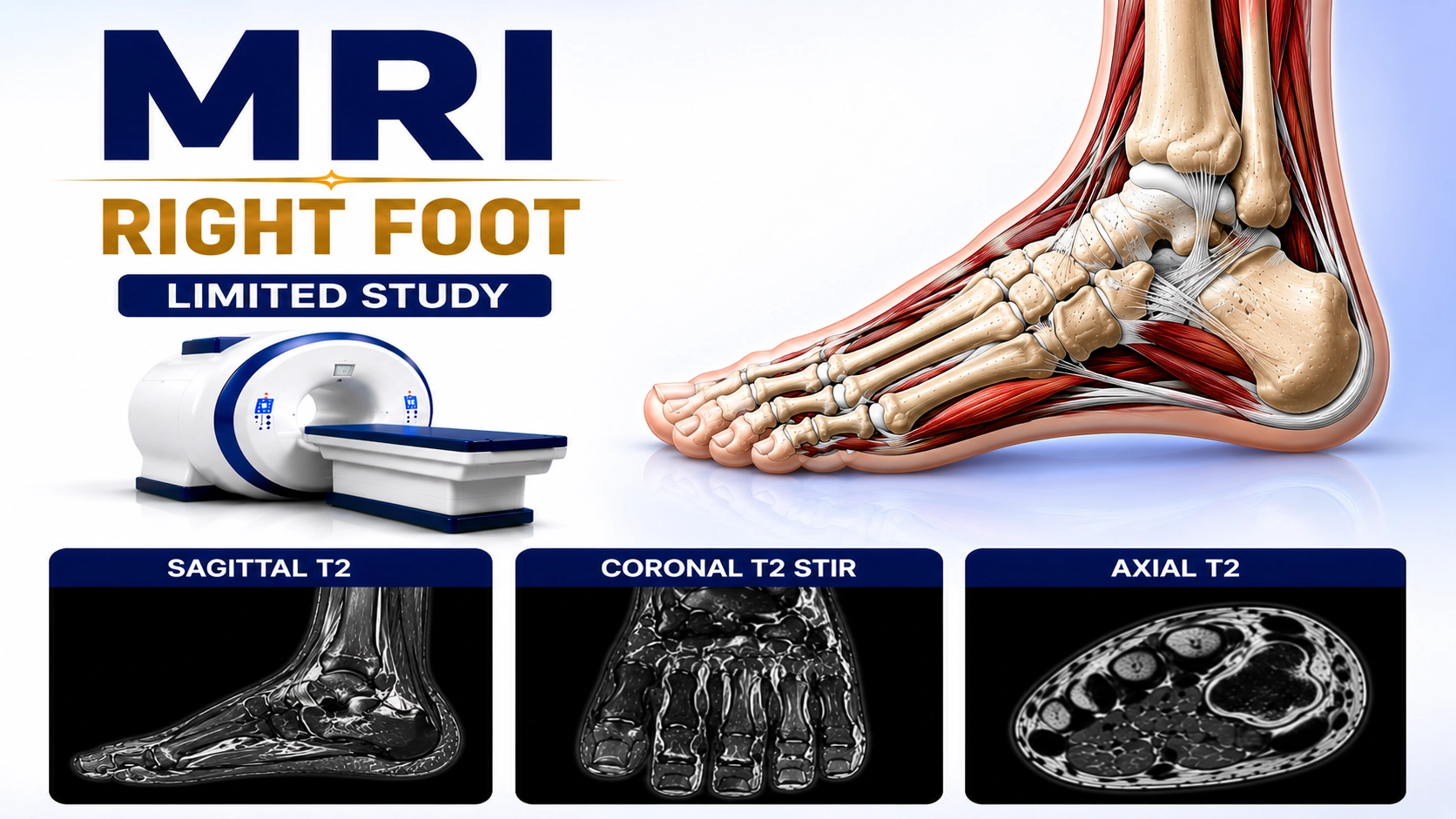 MRI Right Foot Limited Study scan for focused evaluation of foot pain, tendon injuries, ligament tears, fractures, and localized foot abnormalities at Focus Diagnostics