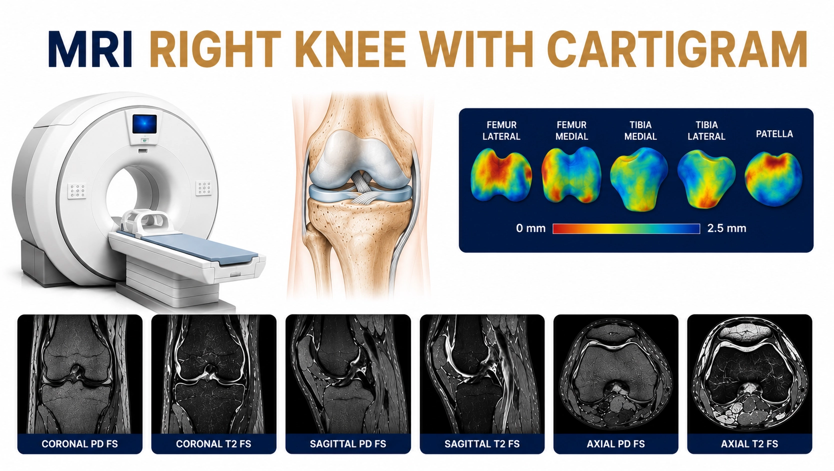 MRI Right Knee with Cartigram scan for advanced evaluation of knee cartilage damage, meniscal injuries, ligament tears, arthritis, and joint abnormalities at Focus Diagnostics