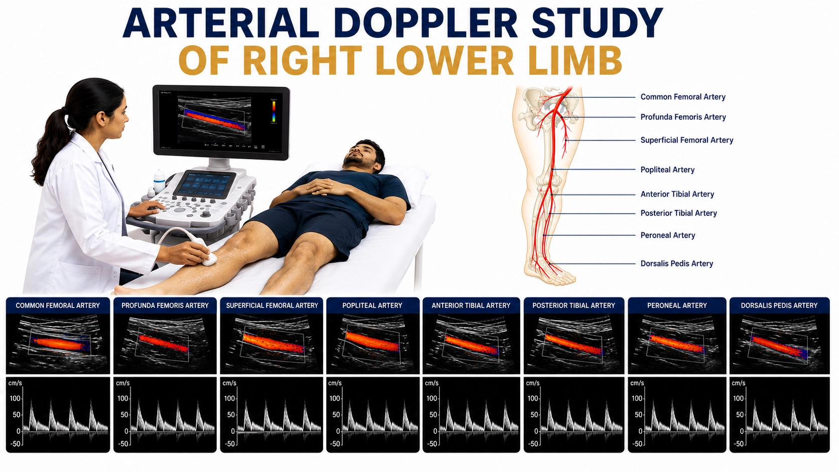 Arterial Doppler Study of Right Lower Limb for evaluation of arterial blood flow, vascular blockages, circulation disorders, and peripheral arterial disease at Focus Diagnostics