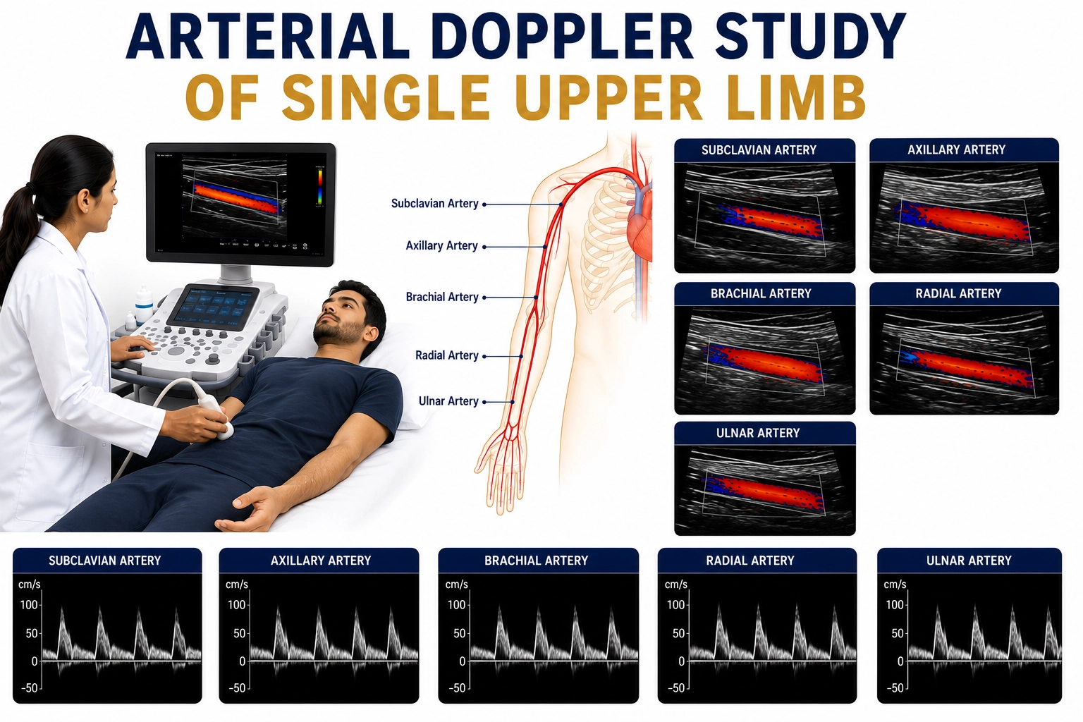 Arterial Doppler Study of Single Upper Limb for evaluation of arterial blood flow, circulation disorders, vascular blockages, and upper limb artery health at Focus Diagnostics