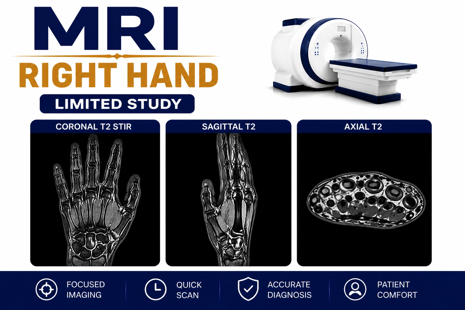 MRI Right Hand Limited Study scan for focused evaluation of hand pain, tendon injuries, ligament tears, arthritis, fractures, and soft tissue abnormalities at Focus Diagnostics