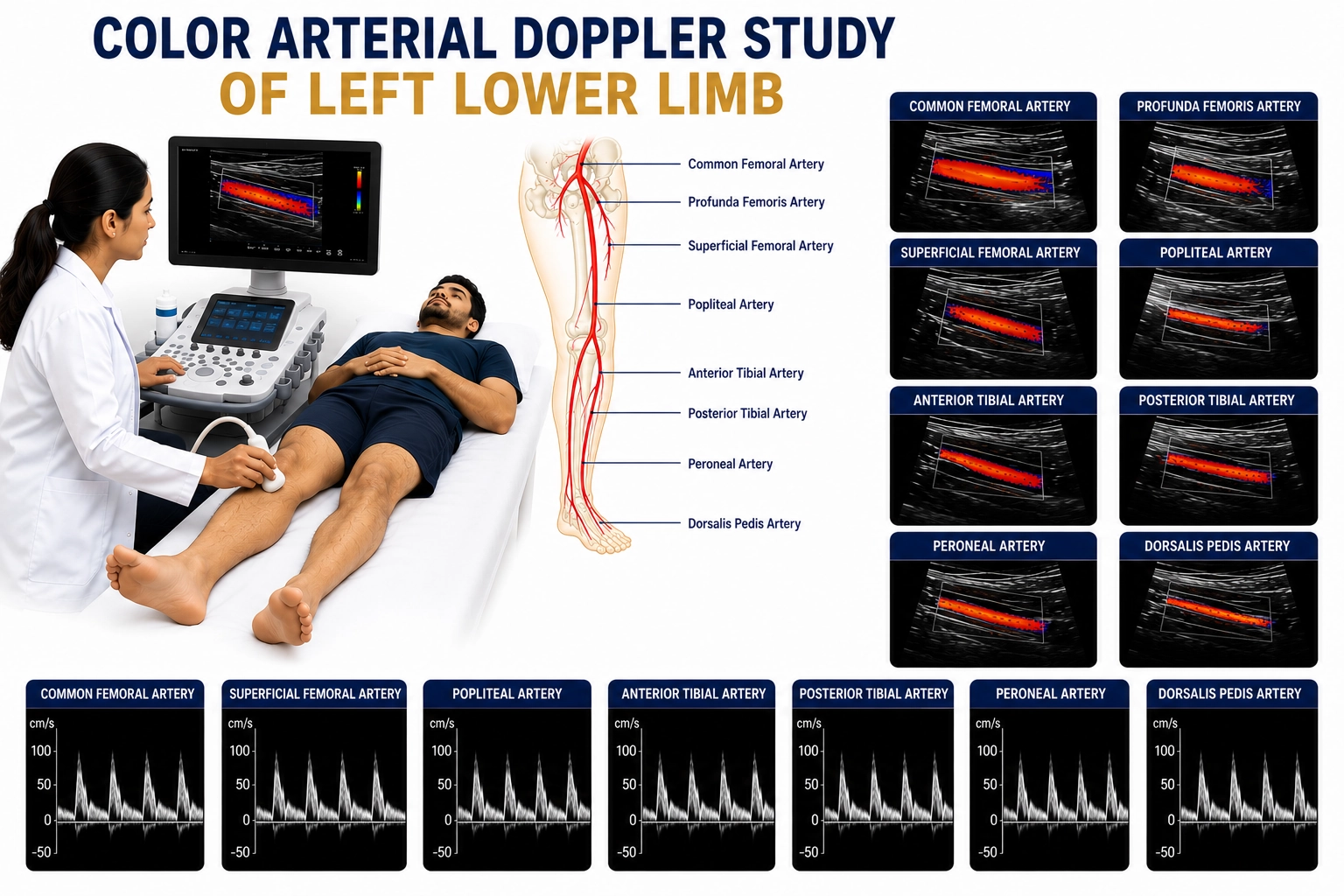Color Arterial Doppler Study of Left Lower Limb for evaluation of arterial blood flow, vascular blockages, circulation disorders, and peripheral arterial disease at Focus Diagnostics