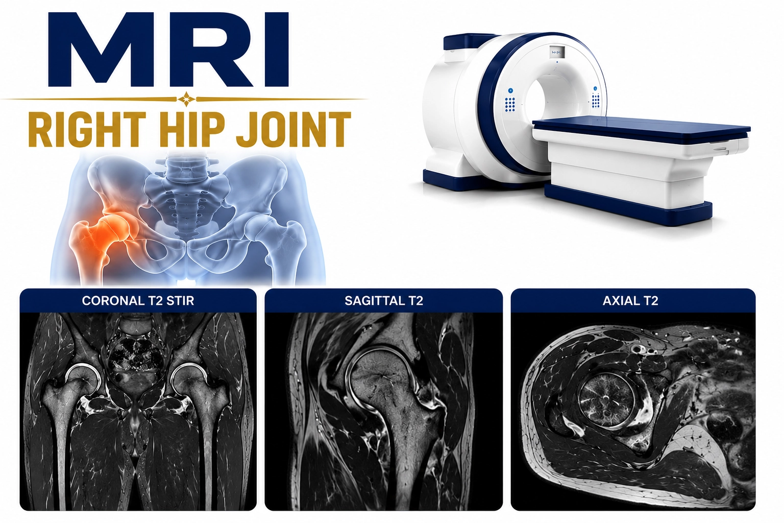 MRI Right Hip Joint scan for evaluation of hip pain, labral tears, arthritis, tendon injuries, fractures, and soft tissue abnormalities at Focus Diagnostics
